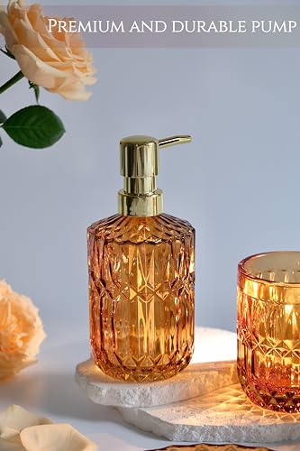 LaMarriti Amber Bathroom Accessories Set, 5Pcs Clear Glass Bathroom Sets, Hand Soap Dispenser, Soap Dish, Toothbrush Holder Set, Qtips Holder for Crystal Vintage Bath Decor, Set - style: Amber Brown