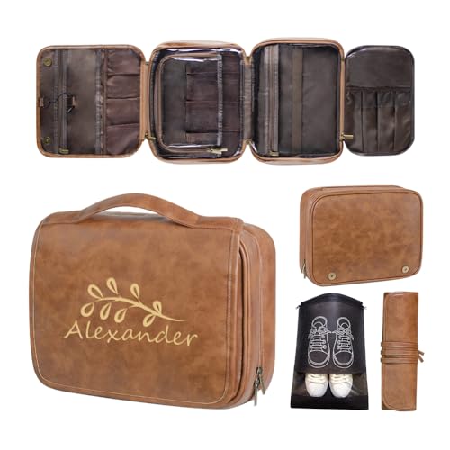 Personalized 3-in-1 PU Leather Toiletry Bag for Men - Custom Engraved, Travel-Friendly, Hanging Toiletry Bag - Yellowish-Brown - color: Yellowish-Brown