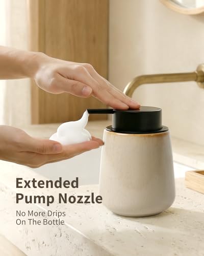 Bosilunlife Ceramic Foaming Soap Dispenser - 12Oz Bathroom Countertop Kitchen Dish Soap Pump Dispenser Foam Soap Dispenser - Greige with Speckle - color: Greige