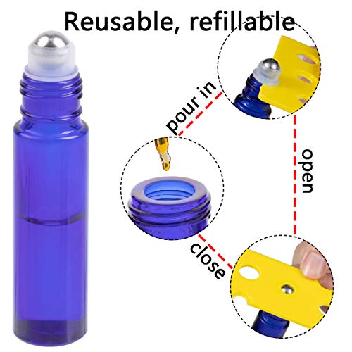 6Pcs 10ml Essential Oil Roller Bottles, with Stainless Steel Roller Balls, 10ml Blue Glass Roll on Bottles for Essential Oils, 1 Extra Roller Ball, 6 Labels, 1 Openers, 2 Droppers Included - color: Blue