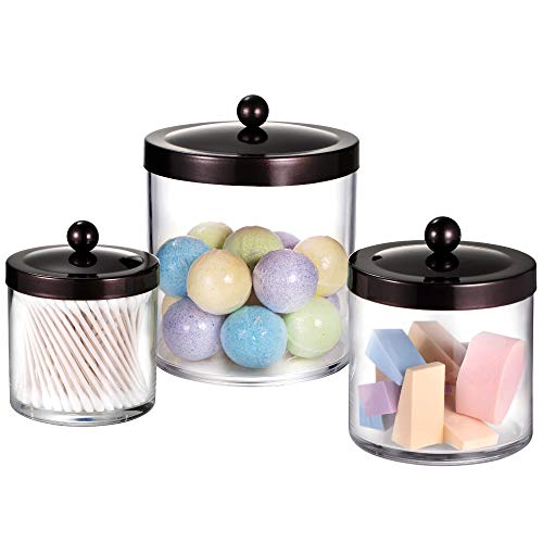 SheeChung 3-Pack Plastic Apothecary Jars with Bronze Metal Lids - Large 50oz, 25oz & 15oz Clear Acrylic Storage Set - Shatterproof Bathroom Vanity & Kitchen Organizer - Modern Farmhouse Rustic Decor - color: Bronze, size: 50 oz & 25 oz & 15 oz