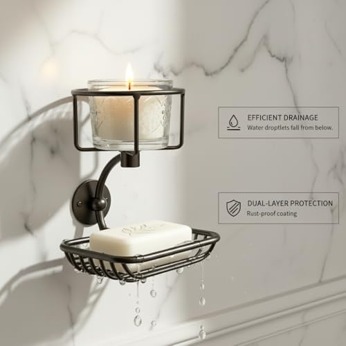 Bar Soap Holder Wall Mounted, Soap Container with Candle/Vase Holder, Farmhouse Elegant Black Bathroom Wall Decor, Soap Dish for Shower Bathtub - color: Black