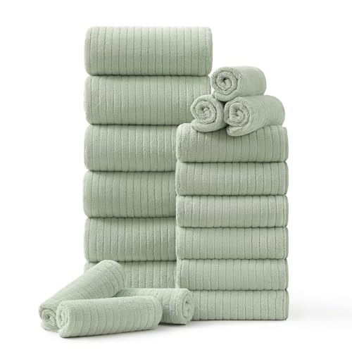 18 Piece Family Bath Towel Set Include 6 Bath Towels,6 Hand Towels and 6 Washcloths Soft Bathroom Towel with Hanging Loops,Highly Absorbent Quick Dry Towels Set for Bathroom,Hotel and Spa-Green - color: Green, size: 18-Piece Set