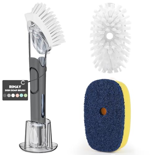 RIMAY Dish Brush with Soap Dispenser Storage Set with 2 PCS Brush Refills & Holder, Dish Scrubber with Soap Dispenser, Dish Soap Brush, Dish Wand with Soap Dispenser for Dishes, Pans, Sink, Pots - color: Black