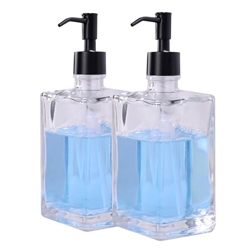 Modern Square Clear Glass Soap Dispenser Set of 2, 13.5oz Refillable with Rust Proof Pump, Leak-Proof Dish & Hand Soap Dispenser for Kitchen Bathroom Sink