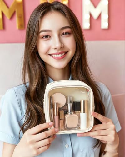 KOTORA Initial Make Up Bag Travel Toiletry Bag, Clear Makeup Bag Preppy Cosmetic Bags Organizer Valentine's Day Gifts for Teen Girls Women Girlfriend Teacher Mom Brithday Small Makeup Bag Beige A - color: Beige, style: A