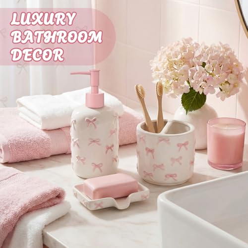 White Cute Ceramic Bathroom Accessories Set 3 Pcs - White Bowknot Soap Dispenser, Toothbrush Holder, Soap Dish - Modern Coquette Preppy Bathroom Decor & Apartment Essentials (Novel Style) - color: White
