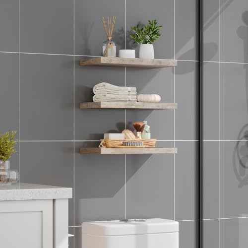 RALGEND Floating Shelves for Wall, 1.5" Thick Wall Shelf Set of 3 with Invisible Brackets, 15.7L x 7.9W Hanging Book Shelves Farmhouse Home Decor for Bathroom, Living Room, Bedroom, Greige 4301BJP3BG - color: Greige, size: 15.7 Inches