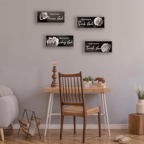 ONIZHITY 4Pcs Religious Wall Art Bible Verse Inspirational Black & White Rose Wall Decor Rustic Christian Sign for Home, Bathroom, Office, Bedroom, Living Room (10x4") - color: White Rose