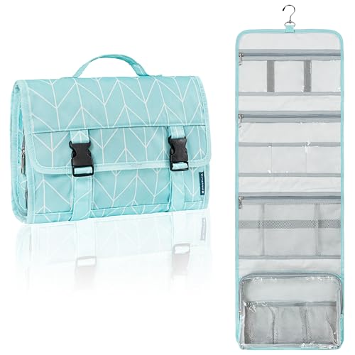 PAVILIA Travel Hanging Toiletry Bag for Women Men, Large Capacity Makeup Bag Kit, Waterproof Cosmetic Storage Organizer Case for Bathroom Shower - color: Teal Chevron, size: Large