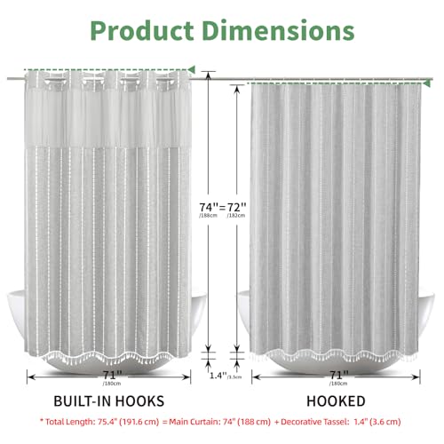 eachope Grey Farmhouse No Hook Shower Curtain Set with Snap-in Fabric Liner,Boho Heavy-Duty Linen Textured Rustic Striped Design,Water-Repellent with Tassels and Sheer Window,Gray,71x74 - color: Grey, size: 71"W x 74"L (Pack of 1)