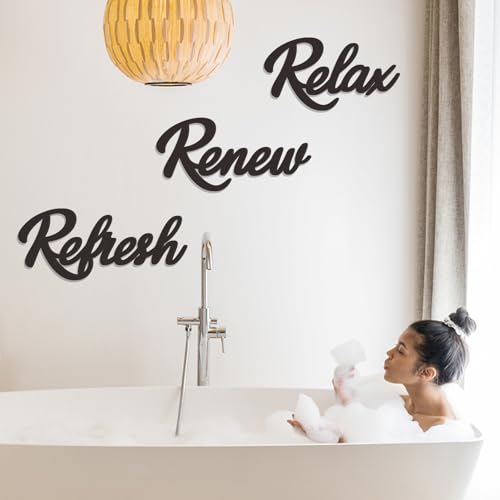 3 Pieces Bathroom Decor Wooden Bathroom Sign,Relax Renew Refresh Sign (Black-large) - color: Black-large