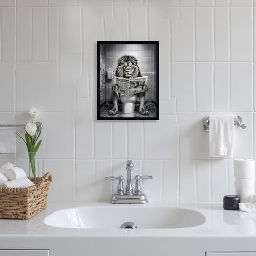 Urmoya Black and White Funny Majesty Lion Bathroom Wall Art, Animal Picture Bathroom Canvas Wall Decor, Majesty Lion on Toilet Reading Newspaper Modern Humor Painting Art Prints 8x10 Inch Wood Framed - color: Lion, size: 10"L x 8"W