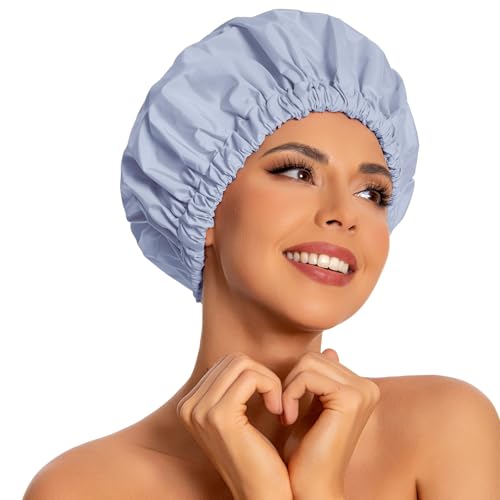 Edoneery Reusable Shower Caps for Women, Waterproof Long Hair Bonnet | Washable Design, Wide Elastic Band, Large Fit, Holds Long Hair, Braids Friendly, Bath Accessories, Spa, Travel - color: Gray