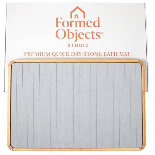 Stone Bath Mat with Bamboo Trim - Quick-Dry Diatomaceous Earth Shower Mat | Super Absorbent, Non-Slip, Minimalist Bathroom Floor Mat for Spa Style Décor, Bathroom, Kitchen, Entryway - Stone Grey