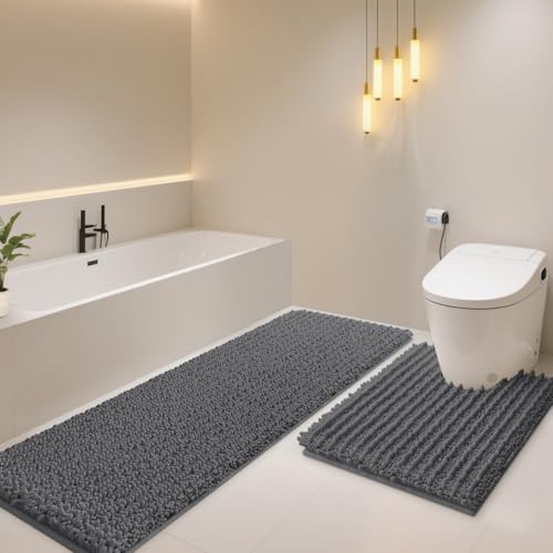 Upgrade Luxury 2 Piece Dark Gray Toilet Bathroom Rug Mat U Shape 24"x20"+48"x20", Ultra Soft Thick Absorbent Bath Mats, Non Slip Chenille Toilet Mat for Bathroom, Bedroom, Kitchen, Shower, Tub - color: Dark Gray, size: U Shape24" X 20" plus 20" X 48"