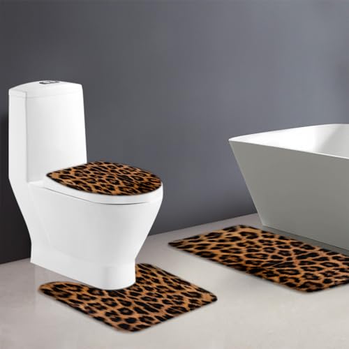 Leopard Print 3 Piece Bathroom Mat Sets,Brown Black Cheetah Animal Wildlife Vintage Bath Toilet Rugs,18"x30"Bath Mat,Toilet Seat Cover, U-Shaped Toilet(Low Pile) - size: 3PC Sets-18"x30"bath mat