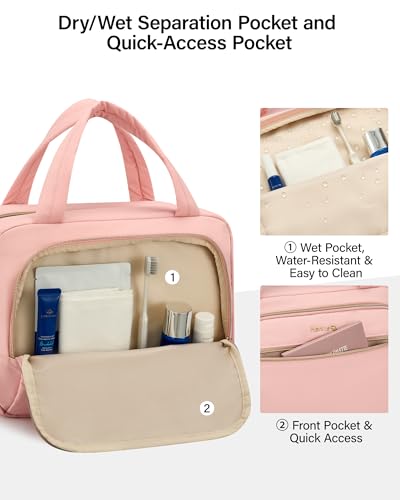 Hanke Hanging Travel Toiletry Bag for Women, Water-Resistant Makeup Organizer with Hook, Cosmetic Bag for Bathroom & Travel Essentials Accessories, Pink - color: Pink