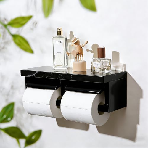 Modern Black Double Marble Toilet Paper Holder, Extra Large Wall Mount Marble Toilet Paper Dispenser with Cover, Dual Bathroom Wall Toilet Paper Roll Holder - color: Marble Black&black, size: Full