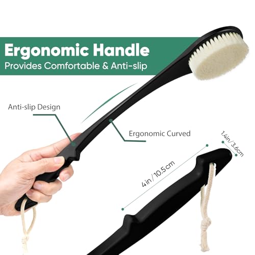 Back Scrubber for Shower, 17-Inch Shower Brush for Men and Women, Long Handle Exfoliating Body Brush, Medium Bristle Stiffness for Dry or Wet Brushing (Black) - size: 17 in - Black