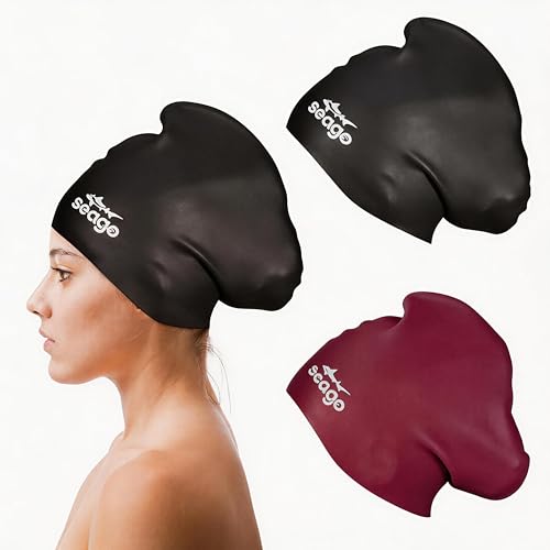 Swim Cap Long Hair 2 Pack Swimming Caps for Women Silicone Swim Caps Keep Hair Dry Waterproof Comfortable Flexible Durable Bathing Cap Tear-Proof Design Large Women Adult Swimming Cap 10+ Years Girls - color: Black & Deep wine red