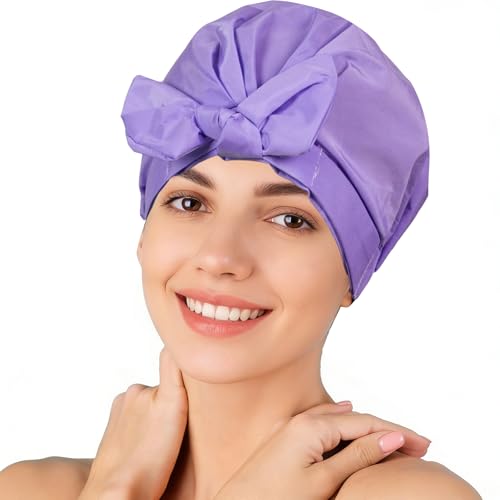 Shower Cap for Women Reusable Waterproof, Large Satin Shower Bonnet, Washable Bath Hat for Long Hair, Braids, Curly Hair, Purple - color: Purple