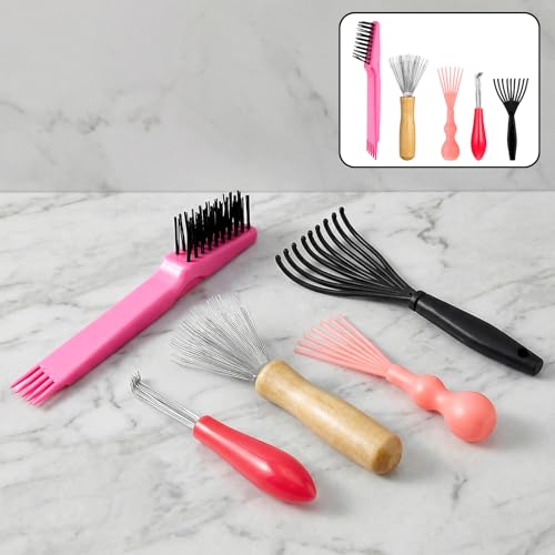 Comb and Brush Cleaner Tool Set, 5-Piece Comb Cleaner Set - Hair Brush Cleaner Rake, Comb Cleaning Brush, Maintenance Hair Comb for Home and Salon Use Removing Hair Dust - color: Pink