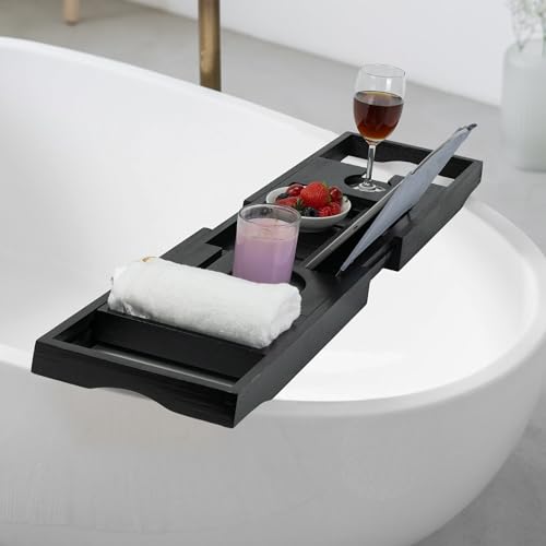 Utoplike Bamboo Bathtub Tray Caddy, Black Bath Tray Table for Tub, Adjustable Bathroom Organizer with Book Tablet Wine Glass Cup Towel Holder - color: Black