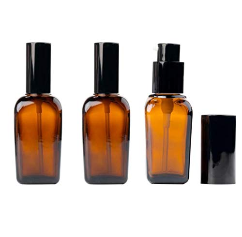 ericotry 3PCS 10ml Empty Refillable Square Amber Glass Cream Lotion Pump Bottles for Makeup Face Cream Facial Cleanser Toiletries Toner Liquid Travel Containers Emulsion Essential Oil Dispenser - size: 10ML