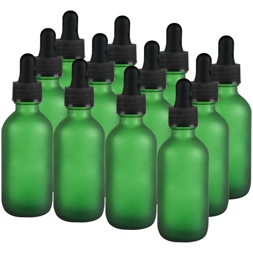 NOOEEISS 12 Pcs, 2oz Dropper Bottle, Green Glass Eye Dropper Bottle, Tincture Bottles with Dropper, Pretty Finish, Leak-Proof Design, Stronger Suction for All Kinds of Mixed Liquids - color: Green Frosted, size: 2oz-12Pack