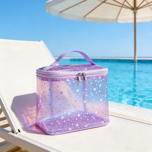 Holographic Star Print Pink Makeup Bag - Portable & Waterproof Barrel-Shaped Toiletry Bag, 8.27x6.7x6.3in Cosmetic Case for Women & Men (Purple Star) - color: Purple Star