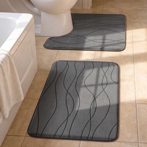 YIHOUSE Bathroom Rugs Set 2 Piece, Memory Foam Bath Mat Dark Grey | U Shaped+Small Mat, Ultra Soft, Absorbent, Non-Slip, Machine Washable, for Bathroom, Sink and Toilet - color: Dark Grey, size: 2' x 1'5" (Rectangular)
