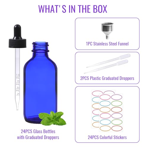 AuroTrends Glass Dropper Bottle 2 oz 24Pack, Blue Glass Tincture Bottles with Dropper, Funnel, Stickers, Plastic Graduated Pipette - color: Blue, size: 2fl.oz-24Pack