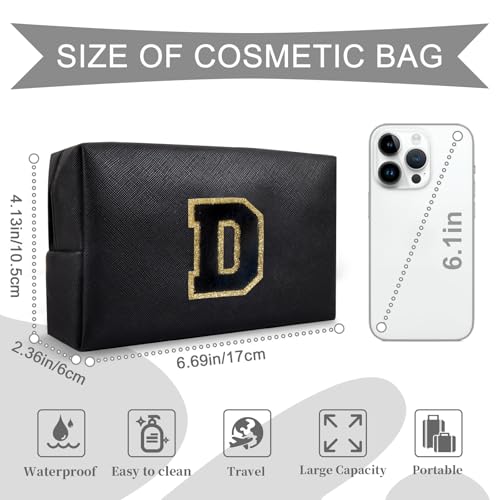 Personalized Initial A-Z Preppy Patch Makeup Bag,Small PU Chenille Letter Cosmetic Bag with Zipper for Teen Girls,Black Cute Toiletry Organizer Bag,Monogram Makeup Case Gift for Women Girls,Letter D - color: Black,Black-Letter, size: D
