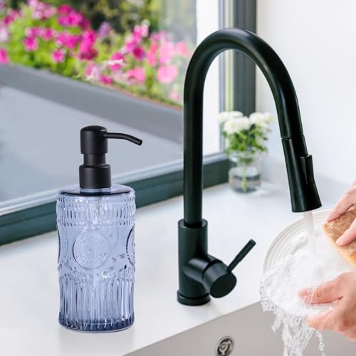 17 OZ Sunflower Embossed Glass Soap Dispenser - 2 Pack, with 304 Rust Proof Stainless Steel Pump, Glass Soap and Lotion Dispenser Set, Liquid Hand Soap Dispenser for Home, Kitchen & Bathroom (Blue) - color: Bule