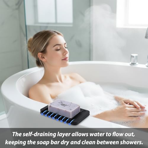 Silicone Soap Dishes Self Draining, 3 Pcs Soap Holder for Shower Bathroom Kitchen Sponges, Keep Dry Clean(Black)
