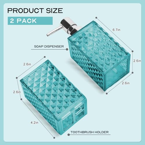 Bathroom Accessories Set 2 PCS, Teal Blue Bathroom Accessories Include Soap Dispenser and Toothbrush Holder, Diamond Pattern Bathroom Set for Boho Bathroom Decor - color: Teal Blue