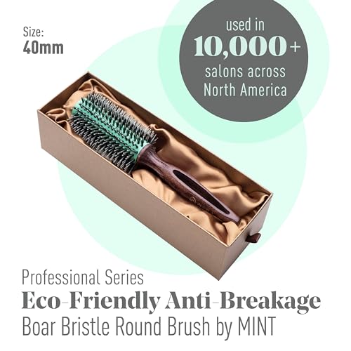 MINT Eco-Friendly Boar Bristle Round Brush for Blow Drying | Durable Blowout Styling for All Hair Types | Ceramic Round Brush with Hand-Crafted Wooden Handle (40 mm) - size: 40 mm Round Brush