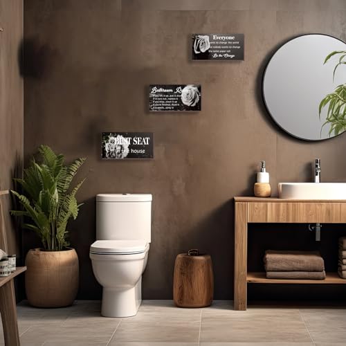 DONFENTHY 3 Pcs Black White Bathroom Rules Decor White Bathroom Decor Rustic Wooden Best Seat in The House Black Rose Hanging Wall Art Accessories for Toilet (10x5") - color: White Rose