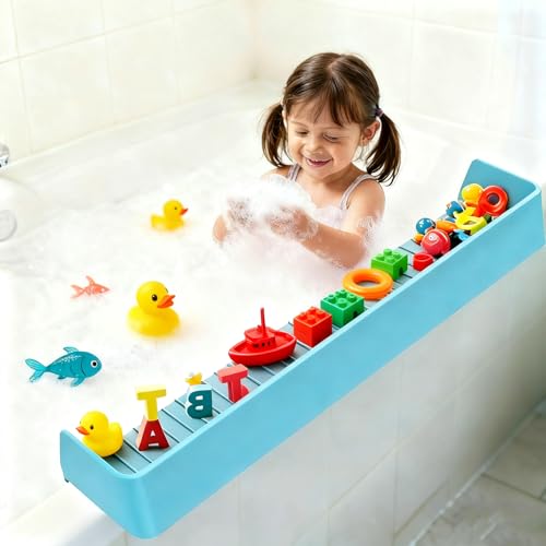 Bathtub Splash Guard for Kids,2.6 FT Silicone Bathtub Play Shelf with 11 Suction Cups, Bath Tub Ledge Shelf for Kids, Prevents Water Spills in Bathroom (Blue) - color: Blue