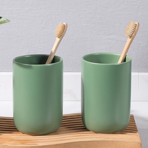 Toothbrush Holders for Bathrooms - 2 Cups Ceramic Toothbrush Toothpaste Holders Set, Green Bathroom Tumbler Cups Reusable Toothbrush Mouthwash Cup, Bathroom Counter Organizer. - color: Green, size: 2pcs