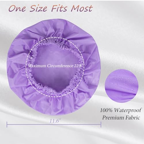 Reusable Shower Cap for Women – Large Waterproof Satin Shower Bonnet for Long, Curly & Braided Hair, Washable Bath Hair Cover, Black + Purple - color: Black + Purple