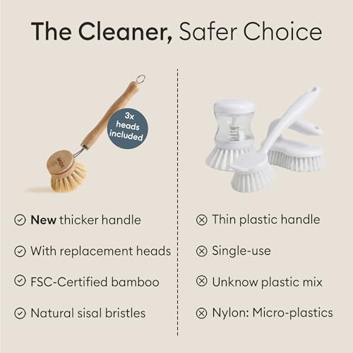Vove Bamboo Dish Brush with 3 Replacement Heads, Plastic-Free Kitchen Scrub Brush for Pots Pans and Dishes, FSC-Certified Bamboo Handle with Natural Fiber Bristles, Non-Toxic Zero-Waste - style: Brush set - Handle & 3 Replacement Heads