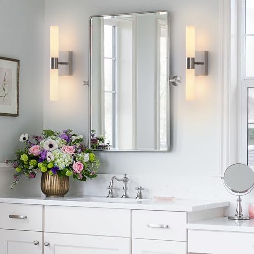 KUZZULL Wall Sconces Set of Two Brushed Nickel Bathroom Sconces Wall Decor Set of 2 Modern Wall Light Fixtures Metal Sconces Wall Lighting with Frosted Glass Shade Wall Mounted Lamp - color: satin nickel white