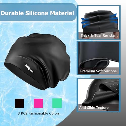 3 Pack Extra Large Swim Cap for Braids & Dreadlocks - Waterproof Silicone Swim Hat for Women with Long Thick Hair, Protective Swim Cap Cover Ears for Swimming, Shower, Bathing - color: Black+Pink+Green