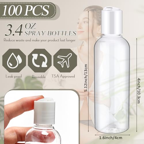 Roshtia 100 Pack 3.4 oz Travel Bottles for Toiletries, Clear Refillable Plastic Bottles with Disc Top Flip Cap, Leak Proof Empty Containers for Shampoo, Lotion, Essential Oil, Bulk Travel Size(White) - color: White, size: 3.4 oz