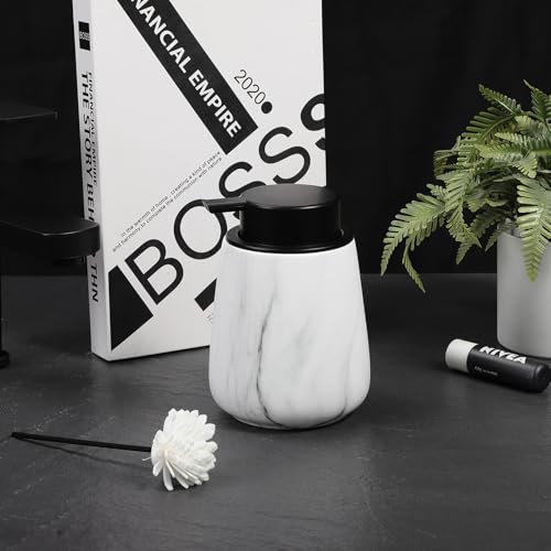 12Oz Foaming Hand Soap Dispenser - Ceramic Bathroom Foam Soap Dispenser with Easy-to-Press Black Pump, Refillable Lotion Hand Dispenser, Dish Soap Dispensers for Kitchen, Marble White - color: Marble White, style: Foam Pump