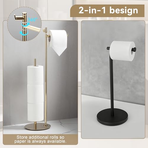 BGL Toilet Paper Holder Stand, SUS304 Stainless Steel Gold, Weighted Base, Holds 5 Jumbo Rolls, Space-Saving Modern Bathroom Storage with Built-in Hook - color: Gold