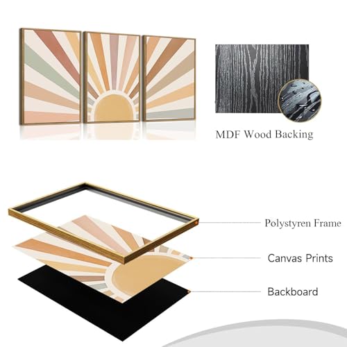 Bwodke Boho Wall Art, Framed Abstract Wall Art, Sun Rising on the Horizon Neutral Canvas Wall Decor, Mid Century Geometric Pictures Set of 3, Minimalist Paintings, for Bedroom Living Room Bathroom 16"x24" - color: Sun Rising, size: 16"x24"Natural