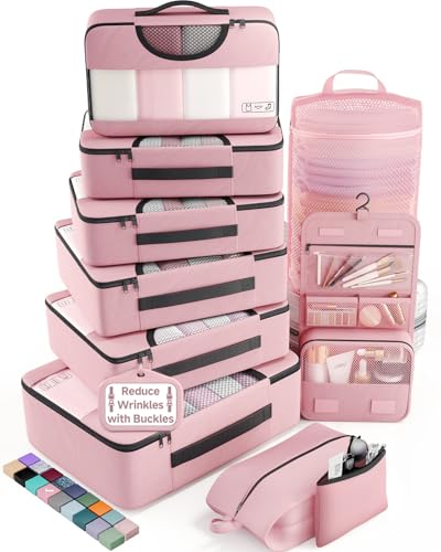 Veken 10 Set Packing Cubes for Travel Essentials,Anti-Wrinkle Buckled Suitcase Organizer for Shoe & Toiletry Bag,Carry On Luggage Bag with 99+ Count Mesh Holes for Airplane & College Dorm Accessories - color: 03 Pink